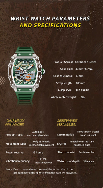 DeesioWatch D-6001B Men's Sports Machinery Trend Transparent Carbon Crystal Watch